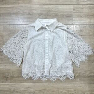 Fate White Floral Lace Button Down Blouse Cotton Blend 3/4 Sleeve Scalloped Sz S